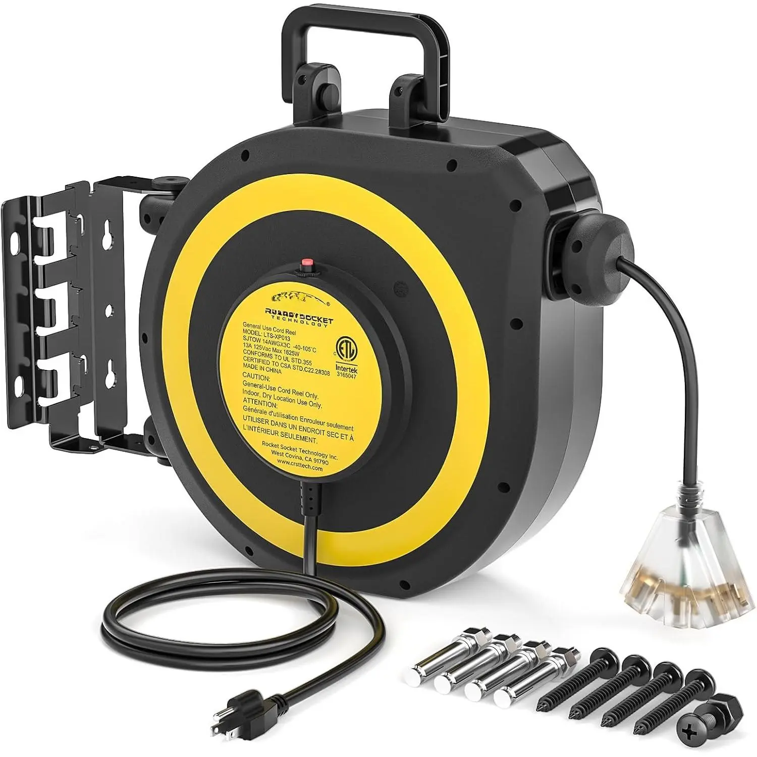 50 FT Retractable Extension Cord Reel, 14AWG/3C SJTOW Heavy Duty Power Cord with 3 Grounded Outlets Lighted Triple Tap, 13A Circuit Breaker, 180? Swivel Bracket, ETL Listed