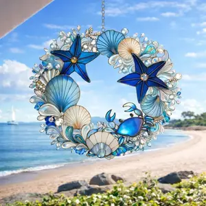 Ocean Wreath Sun Catcher, Stained Glass Shell Window Hanging, Beach House Decor, Nautical Starfish Crab Art, Nature Lover Gift