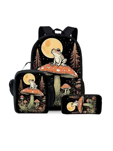 Mushroom pattern printed 17-inch backpack three-piece set (single-layer backpack + shoulder strap lunch bag + single-layer pencil case)