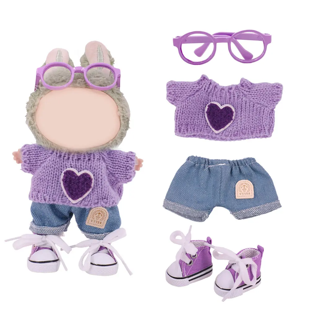 Charming Labubu Clothing Set, Stylish Doll Clothes, Doll Clothes Outfit, Includes Knit Sweater, Jeans, Glasses, High-Top Canvas Shoes, Fits 17cm Dolls, Cute Play & Display Accessories