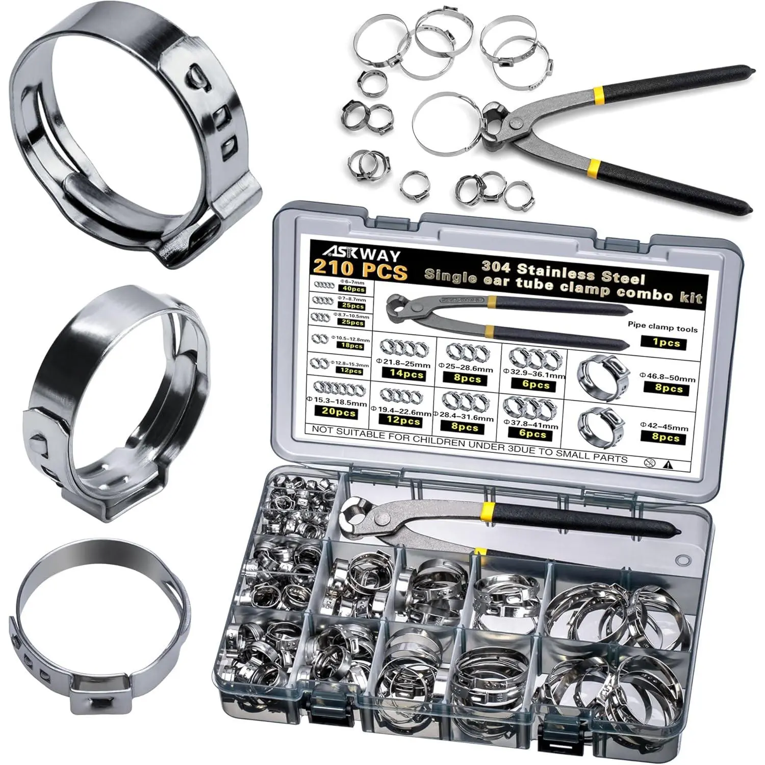 304 Stainless Steel Stepless Single Ear Hose Clamps, 14 Sizes 6-50mm 210 Pcs, Suitable for Pex Pipe Connection, Automotive Use, 210Pcs