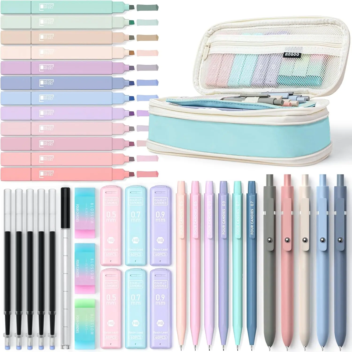 Four Candies 39PCS Aesthetic School Supplies Set with 12 Pastel Highlighters 5 Black Ink Gel Pens 6 Mechanical Pencils 0.5 & 0.7 mm Ideal for School Office Supplies College Essentials Pencilcase, Christian Gifts for Women, Kids Back to School Gift