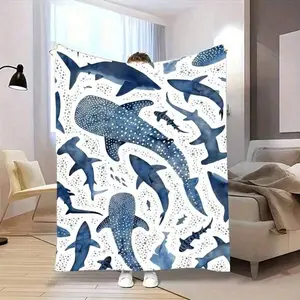 Blue Whale Shark Flannel Throw Blanket, Colorful Ocean Marine Animal Print, Soft Cozy Micro Fleece Air Conditioning Blanket, Perfect Gift for Kids, Son & Daughter, Ideal for Bedroom, Couch & Home Decor,  Gift for   Birthday   Easter & Mother's Day
