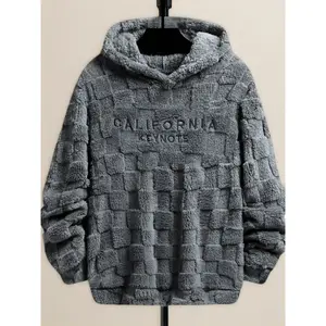 Men's Letter Embroidery Drop Shoulder Fuzzy Hoodie, Regular Fit Casual Fashion Fabric Long Sleeve Hooded Sweatshirt for Spring & Fall, Mens Clothing, Fashion Men's Longsleeves Clothes for Daily Wear, Streetwear, Trendy Clothes