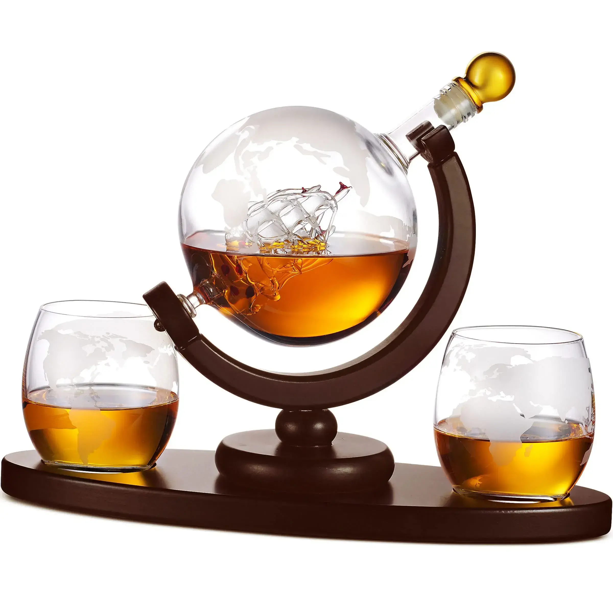 Globe Whiskey Decanter Set with 2 Etched Glasses, Etched World Map & Glass Ship Inside, Bourbon & Scotch Decanter with Wooden Base, Perfect Gift for Men, Home Bar & Liquor Lovers
