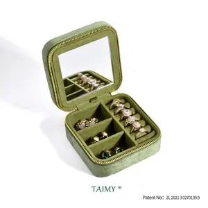 Vintage Velvet Travel Jewelry Storage Ring Box Flip with Mirror Organizer Support Logo Custom Retro Green Jewelry Box