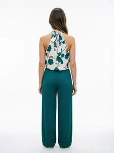 Peacock Blue Wide Leg Pants with Floral Halter Top, French Elegance and Vacation Style, Summer Casual, Date, Light Business