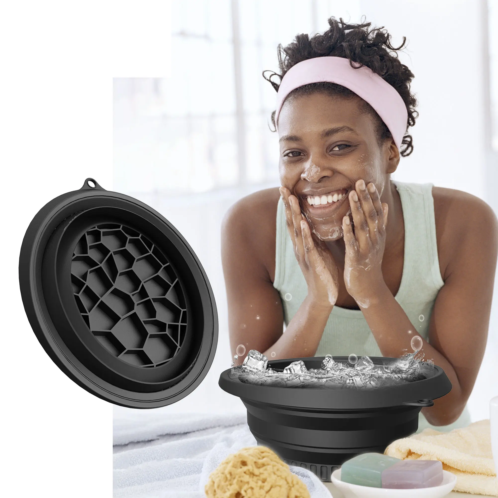ABS Foldable Washbasin - Space Saver Ice Facial Wash Basin, Portable Bathroom Wash Tub for Daily Facial Care, Easy Storage (Black)