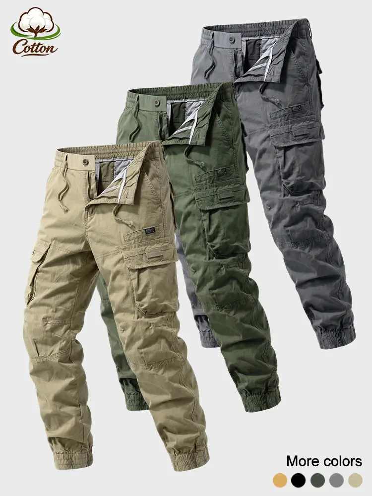 Small Tag Flap Multi Pocket Drawstring Waist Cargo Joggers, 97% Cotton Loose Fit Elastic Cuff Work Pants, Lightweight Mens Spring Summer Hiking Street Travel Casual Everyday Bottoms