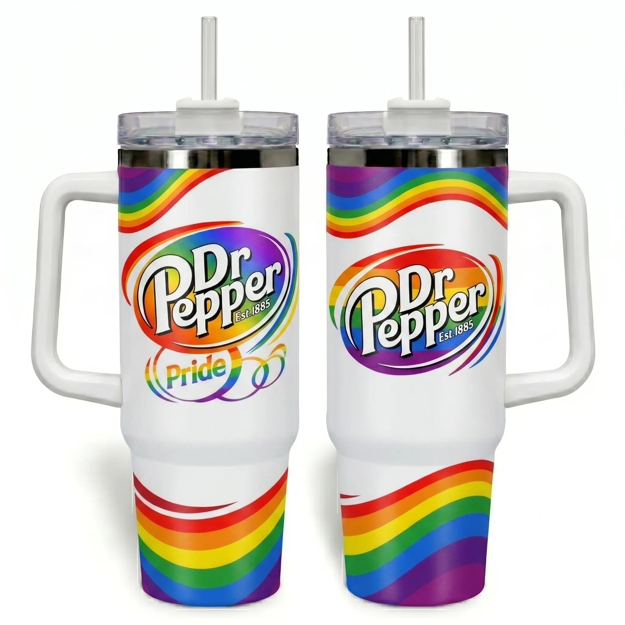 Dr Pepper Pride Month Rainbow Tumbler with Handle 40oz, LGBTQ Pride Flag Stainless Steel Insulated Cup, Colorful Soda Lover Travel Coffee Flask with Straw, Aesthetic White Vacuum Water Bottle, Cool Pop Beverage Merch, Unique Love Wins Gift