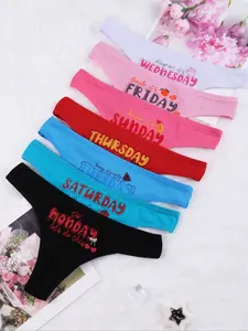 7-Piece Pack Women's Cute Low-Rise Thongs – Breathable, Comfortable & Stretchy Underwear with Fun Letter Prints, Available in Multiple Colors, Casual Soft Panties