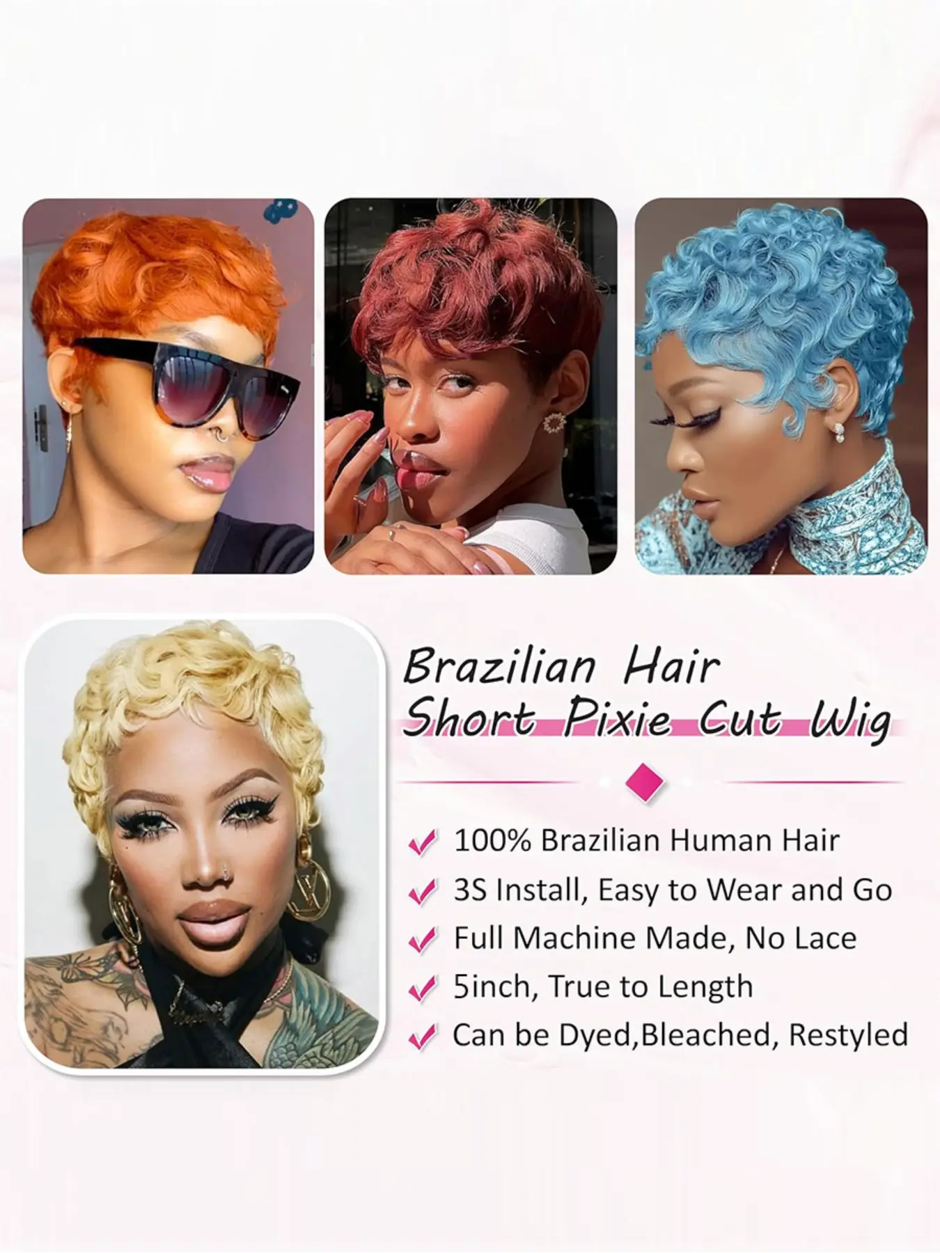 5 Inch Short Curly Hair Pixie Cut Real Human Hair Wig 