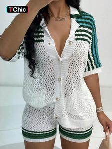 women's striped design sweater & shorts two-piece set, casual loose crochet short sleeve top & shorts, ladies summer outfits, womenswear, cute two piece sets, clothes
