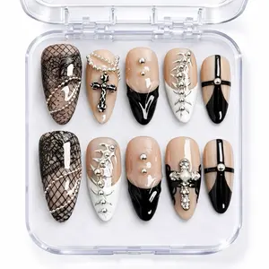 Sugarcoat Nails Luxury Handcrafted Press-On Nails with 3D Art | Reusable & Sturdy, Glue Included - Gothic Cross Style, Almond