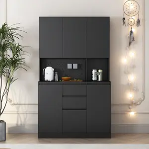 Dreamzon furniture 74" Freestanding Kitchen Pantry Cabinet Cupboard with 6 Doors,3 Shelves and 2 Drawer,Versatile Wardrobe & Kitchen Cabinet,Craft Storage Cabinet,Laundry Room Storage for Bedroom Kitchen (Black)