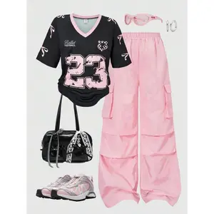 2pcs Tween Girls American Patchwork Short Sleeve Graphic Tee And Cargo Pants Outfit Set Fabric Womenswear Bottom Clothes