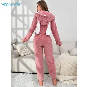 Women's Heart Pattern 3D Rabbit Ear Design Loung Hooded Onesie, Cute Zipper Long Sleeve Sleepwear, Casual Comfy Sleepwear for Fall & Winter