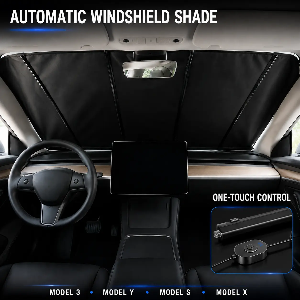 Tesla TAVDAT Automatic Retractable Windshield Sun Shade for Tesla Model 3/Y/S/X – One-Touch Raise & Lower, Custom-Fit Heat and UV Protection Automotive Windshield Sunshades Car Shade Front Windshield, Sun Shade For Car Window