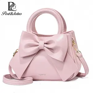 Port&Lotus Small Compact Leather Crossbody Bag for Women Sweet Style Handbag for Women with Shoulder Strap Women's Top-handle Handbags with Large Bow Decoration