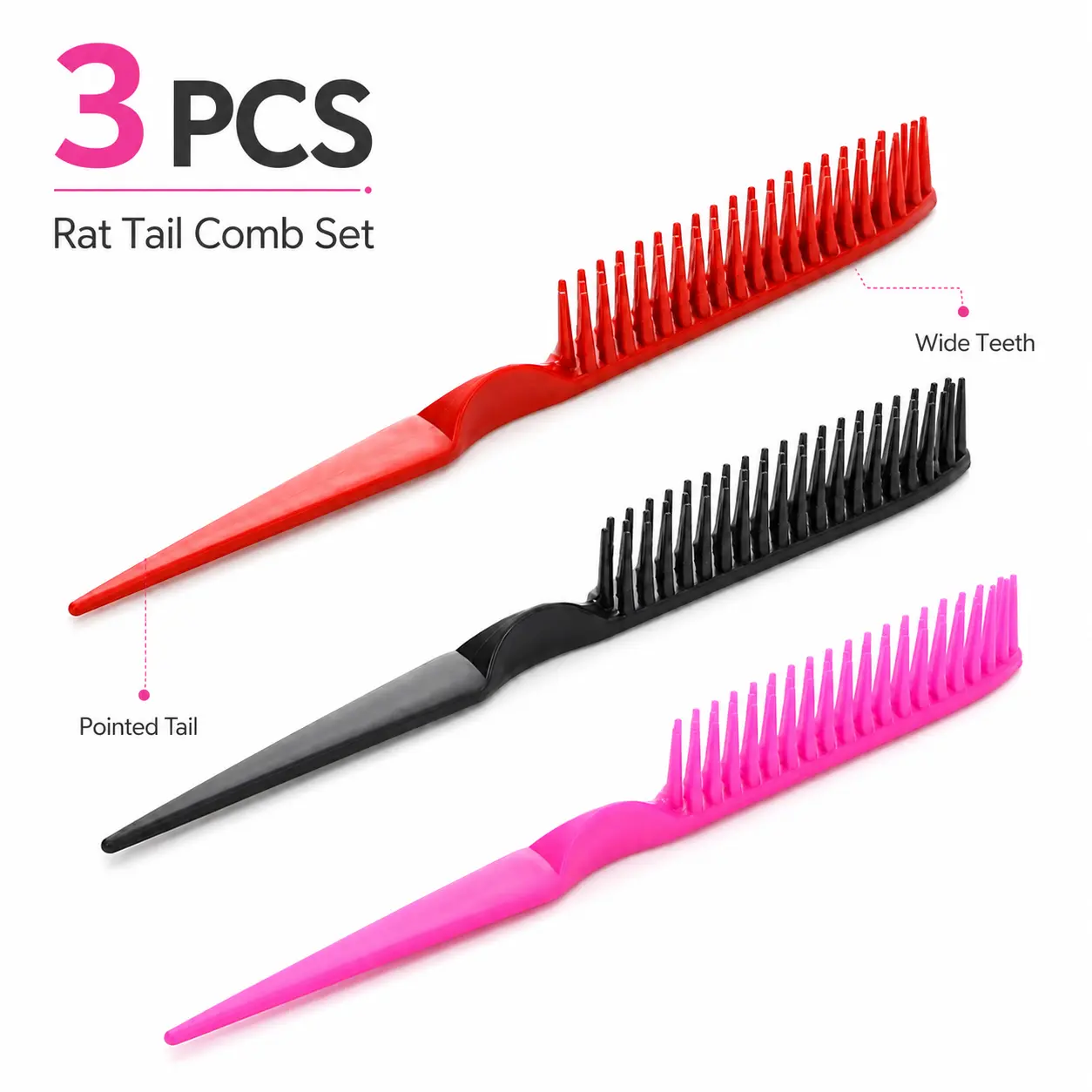 3-Row Wide-Tooth Hair Comb -Heavy-Duty PP Plastic Folding Detangling Brush for Curly/Color-Treated Hair, Professional Styling Tool with 3-Section Design (Red/Pink/Black) - Portable Curl Defining Comb for & Salon Use