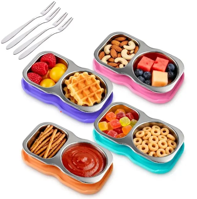 4-Pack Stainless Steel Food Containers - Dual Compartment 5.3Oz Lunch Boxes with Leak-Proof Silicone Lids, Travel Lunchbox for Kids School Snacks, Salad Dressing, Nuts