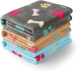 1 Pack 3 Blankets Fluffy  Fleece Pet Blanket Flannel Paw Printed Throw for  (Medium 30x20'', Grey/Brown/Blue)