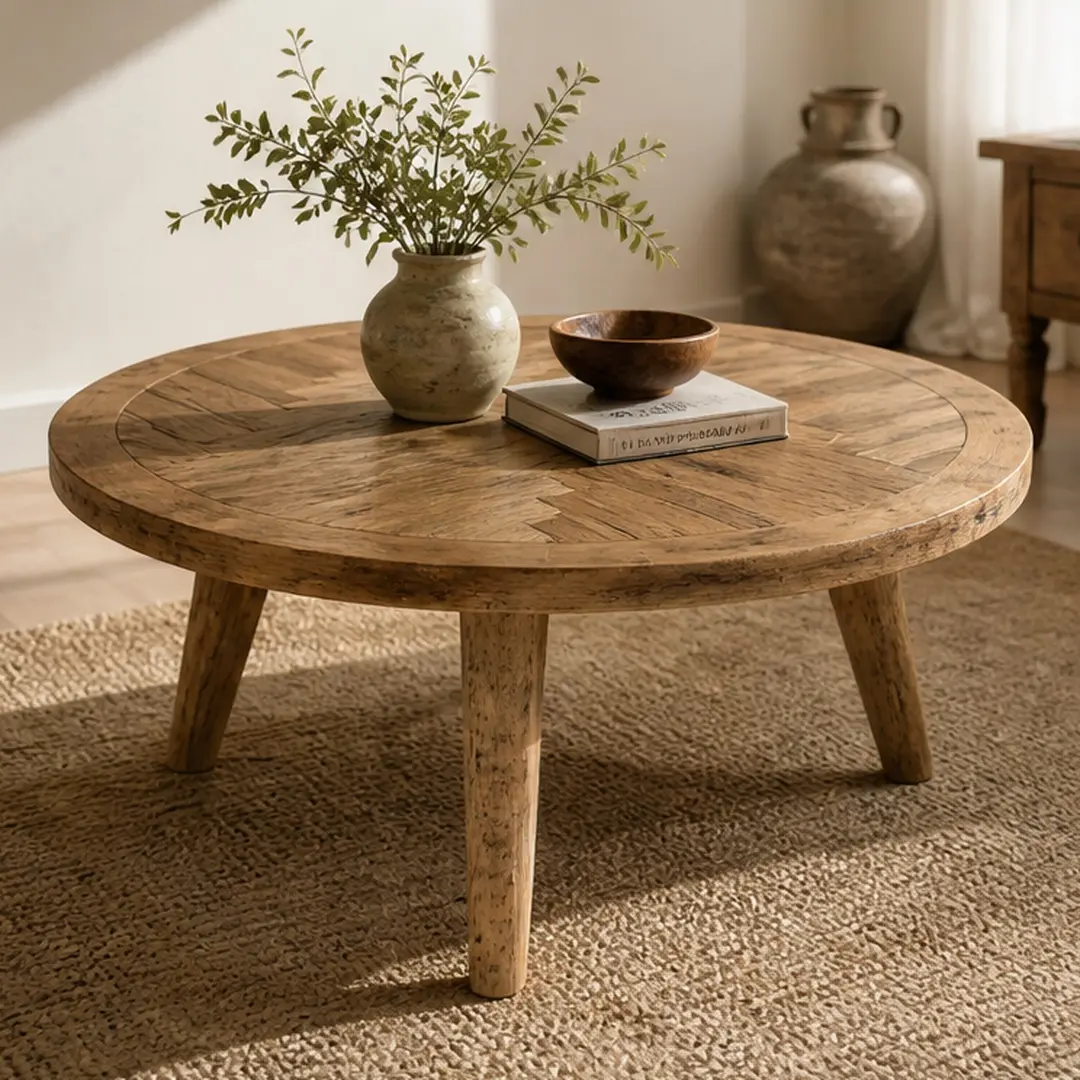 ARCH Round Herringbone Coffee Table 36.61in Solid Wood MDF Rustic Coffee Table with Tapered Legs Natural Distressed Wood Finish for Living Room Farmhouse Decor, Natural Wood Color Options, Solid Wood+MDF Material, Retro Style, Color: Natural Wood