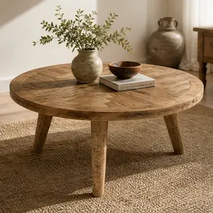 ARCH Round Herringbone Coffee Table 36.61in Solid Wood MDF Rustic Coffee Table with Tapered Legs Natural Distressed Wood Finish for Living Room Farmhouse Decor, Natural Wood Color Options, Solid Wood+MDF Material, Retro Style, Color: Natural Wood