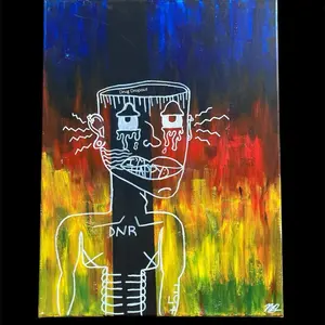 “DNR” Acrylic Painting with Primary Colors and White Drawing Abstract Art for Wall Decor