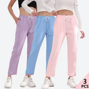 Pack of 3. Women’s summer mid-rise stretch casual athletic pants with a drawstring waist that doesn’t feel tight, suitable for yoga, exercise, walking, and everyday outdoor leisure wear.Summervibes
