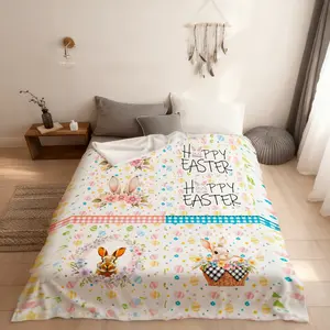 Easter Kids Fitted Sheet Twin Size,Cartoon Bunny Rabbit Colorful Easter Eggs Flowers Bedding Set,Boys Girls Room Decor,Geometric Checkered Bed Cover,Blue Pink Bed Sheet,1 Pillowcase(No Flat Sheet)