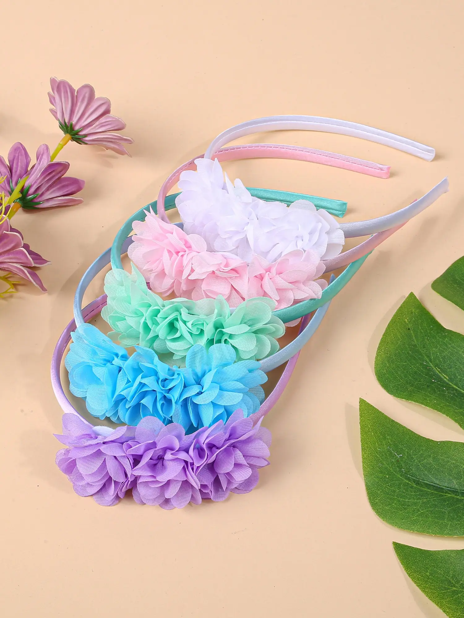 5 Pcs Chiffon Flower Satin Hair Bows, Cute Sweet Design, Non-Damaging Headbands for Women Girls Teens, Perfect Gift Idea