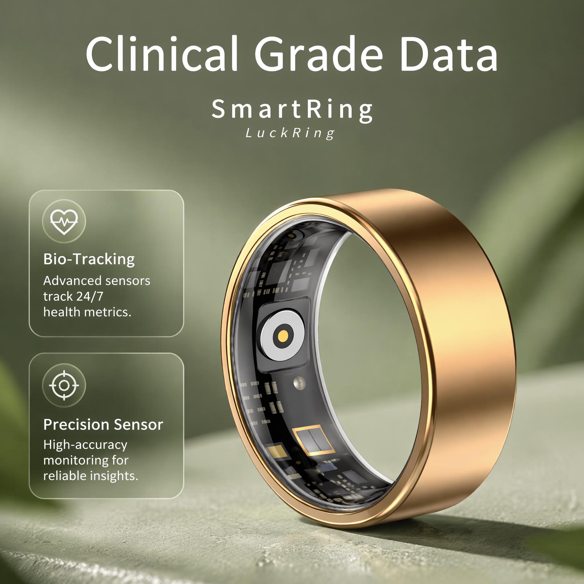 Mirlray Unisex Smart Ring Wearable Tech Fitness Tracker - Blood Oxygen, Blood Pressure, Heart Rate Monitoring, Sleep Tracking with Report, Calorie Tracker, Magnetic Charging, Long Battery, Waterproof, Android App Sync, Gold Size 7 for Adults