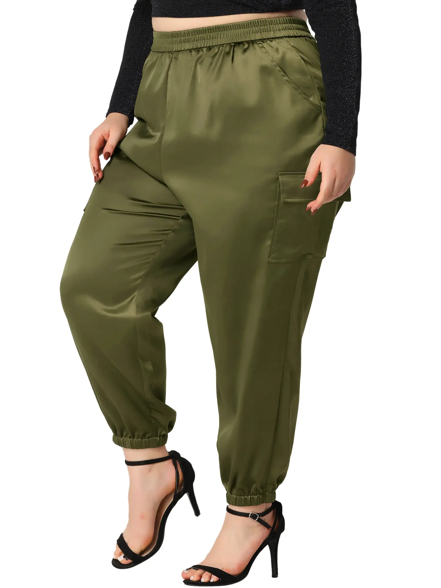 Agnes Orinda Plus Size Satin Joggers Elastic Waist Athleisure Ankle Length Cargo Pants with Pocket