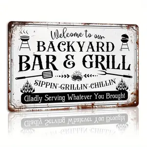 Rustic Vintage Metal Tin Sign - 8x12 Inch Distressed Sign Plaque - Backyard Decor, Farmhouse Party Accent, BBQ Wall Art Signage, Patio Deck Decoration Industrial Artwork Gift