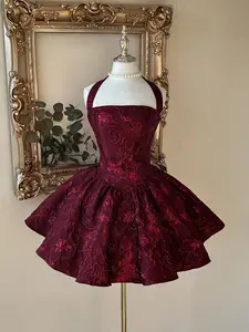 Lovelzi Elegant, Romantic, Fashionable Burgundy Jacquard Fabric Halter Backless Long Sleeve A-Line Dress, Suitable For Graduation Ceremony, School Opening, Music Festival, Birthday Party, Wedding, Afternoon Tea Gathering, Prom
