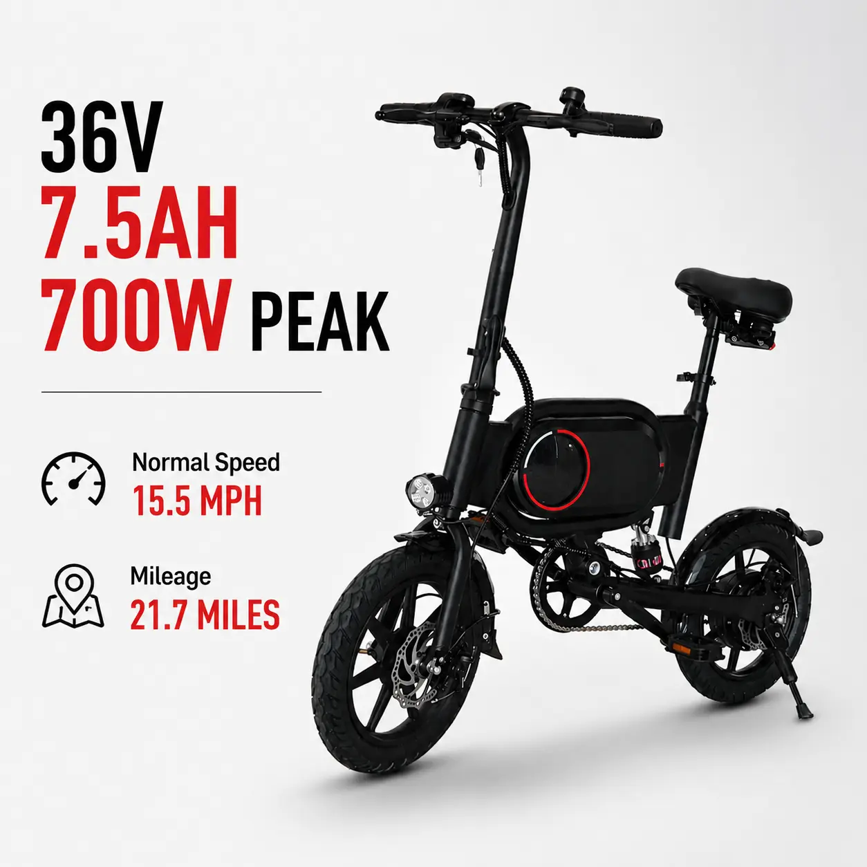 P14 Folding Electric Bike 700W Peak Motor 36V 7.5AH Battery Foldable E-Bike 15.5MPH Max Speed 21.7Miles Range 14 Inch Anti-Puncture Tire Portable Electric Bicycle for Urban Commute Adult City Travel