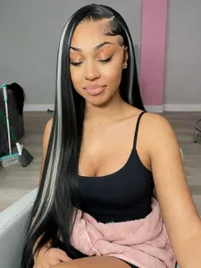 Black White Highlight 13x4 Lace Front Wigs Synthetic Wig, Glueless Synthetic Wig, Straight Wig Valentine's Day for Women Daily Wear 28 Inch