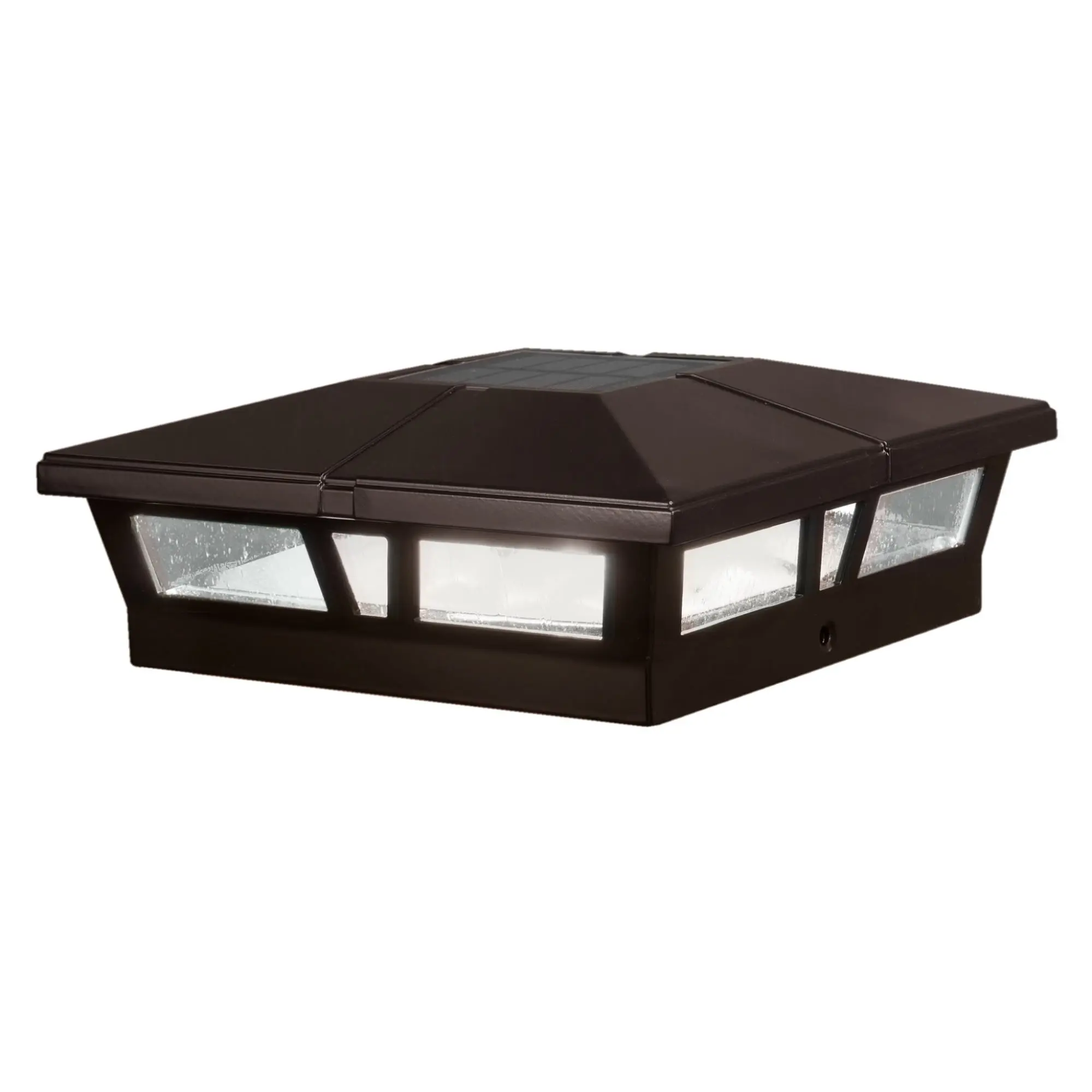 Classy Caps Manufacturing Square Solar-Powered Aluminum Cambridge Post Cap, SLC771C, 6x6 in, Brown, LED, Glass, Battery-Operated