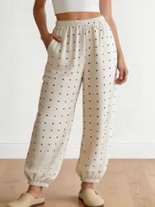 Women's Polka Dot Lounge Pants, Loose Fit High Waist Elastic Waist, Casual Home Wear, Pocket Design, All Season, Smooth Fabric