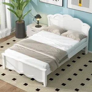  [Bellemave] Wood Platform Bed with Scalloped Headboard, No Box Spring Needed, Easy Assembly, White