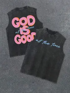 Men's Loose Acid Wash Vest, Back Printed Graphic 'god Is Good All the Time' Slogan, Trendy Casual Faith Streetwear Street Style