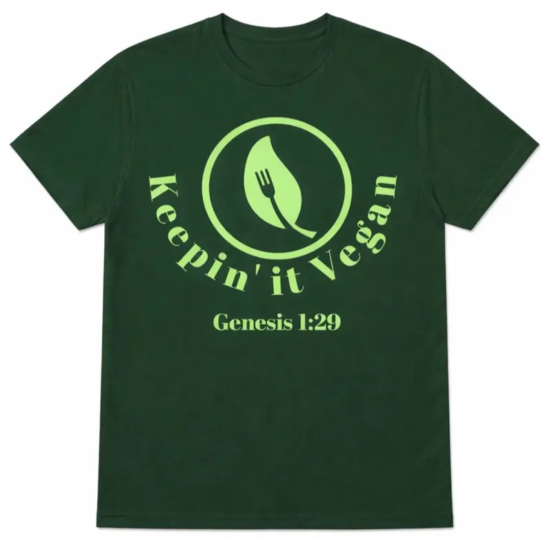 Keepin' it Vegan T-Shirt - Green Color with Leaf and Fork Design, Genesis 1:29 Text, Casual Style
