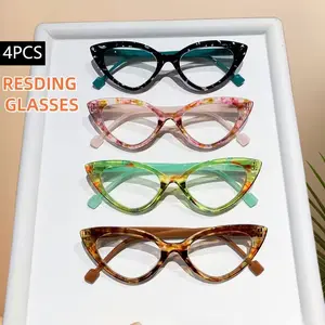 4PCS men's and women's fashionable retro square cat eye floral trend high-definition reading reading reading reading reading reading reading glasses - elegant and artistic simple PC material,+1.0 to+4.0 degrees, lightweight and durable, suitable for daily