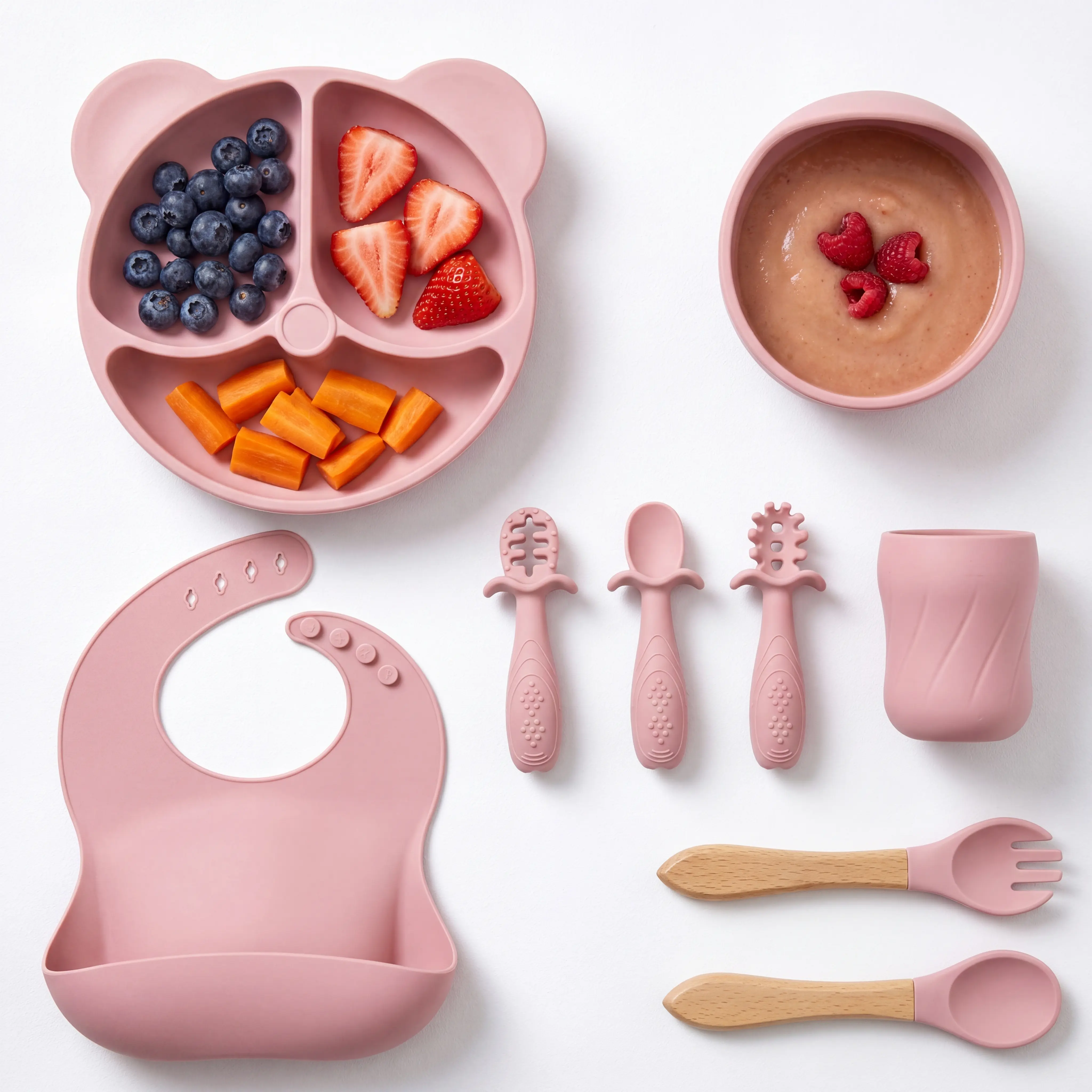 Bear Design Silicone Feeding Set (9PCS), Baby Plate & Snail Bowl & Bib & Training Spoons (3PCS) & Fork Spoon Set & Curvy Straw Cup, Baby Dinnerware Set,#SummerVibes