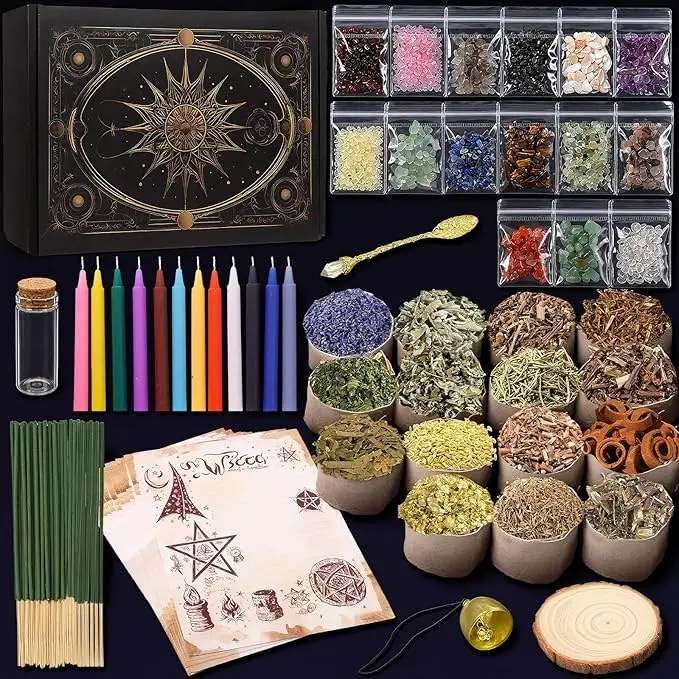Complete 70+ Pcs Witchcraft Kit with 15 Herbs & Crystals - Starter Altar Supplies with 12 Color Candles, White Sage Incense, Parchment Paper & Organizing Bags - Wiccan Spiritual Gift Box Default