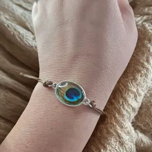 Elegant Peacock Feather Bracelet with Silver Tone and Brown Adjustable Cord for Women's Fashion Accessory