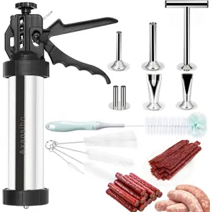 Stainless Steel Jerky  Beef Jerky Maker  Kit Sausage Stuffer Machine Sausage Maker Jerky Shooter Beef Jerky Sausage  Meat  with 5 Nozzles 5 Brushes & Meat Pusher  for Women Men Mom Dad