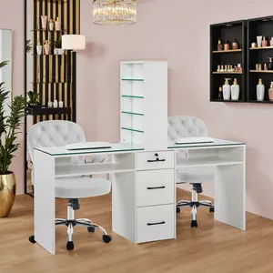 Marbling Texture Double Manicure Table, Nail Storage Desk with Glass 2666