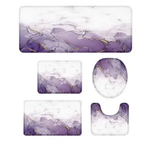 3/5Pcs Purple Gold Marble Bathroom Rugs Set, Luxury Abstract Fluid Art Non-Slip Absorbent Soft Bathroom Mat, Toilet Lid Cover & U-Shaped Mat, Elegant Lavender Bathroom Decor for Women